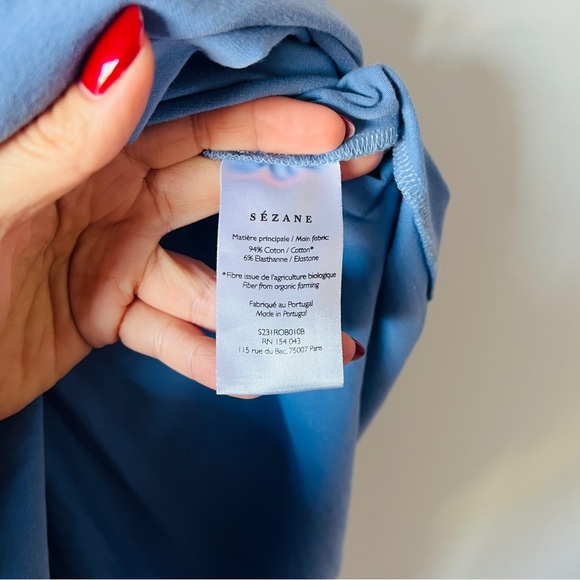 Sezane Pippa Vintage Blue Tie Waist Midi Dress Organic Cotton Size M - Picture 7 of 10